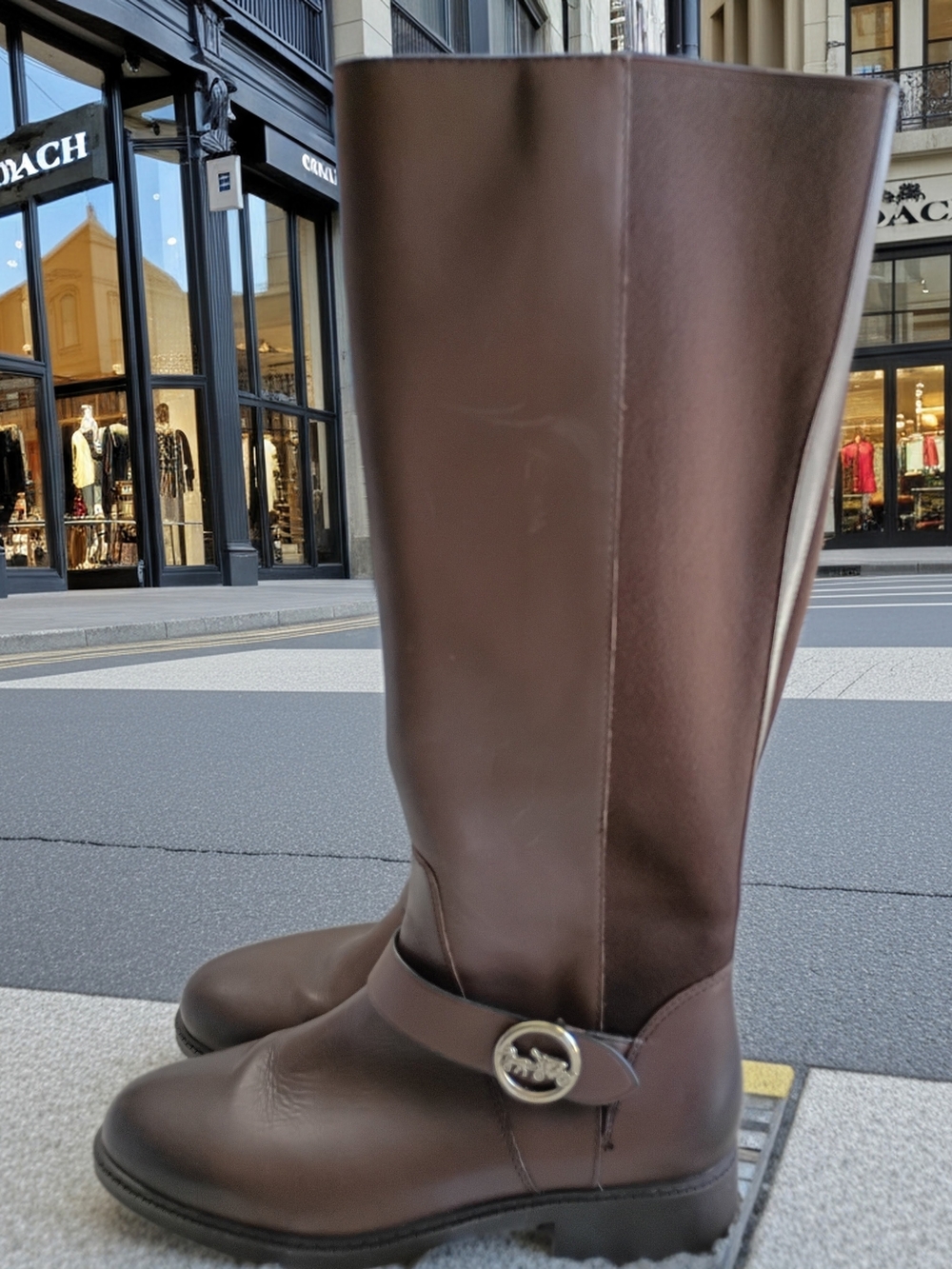 Coach Farrah Tall Brown Leather Riding Boots with Stage Coach Logo Detail 7C